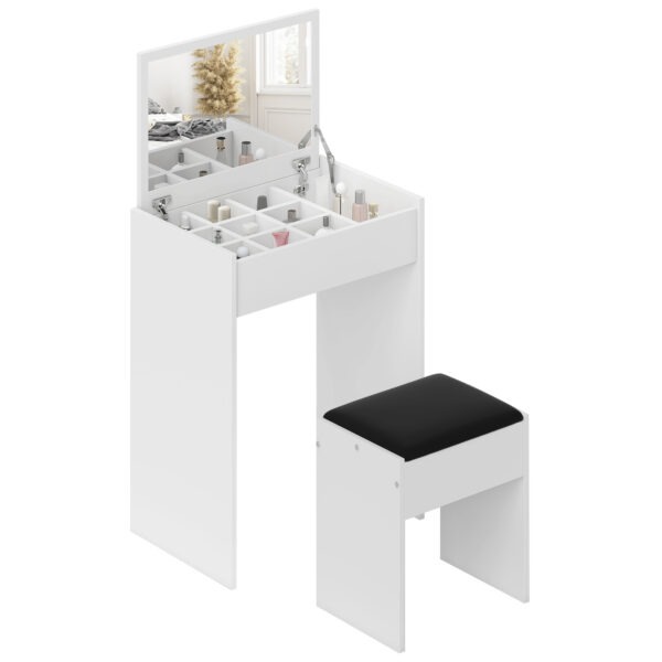 Modern Vanity Set with Makeup Table and Cushioned Stool, Dressing Table with Flip Top and Mirror for Bedroom, White
