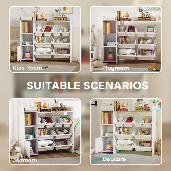 Qaba Kids Bookshelf and Toy Storage Organizer, Children Bookcase with 8 Removable Bins, Cabinet for Playroom, Kids Room, Nursery, White