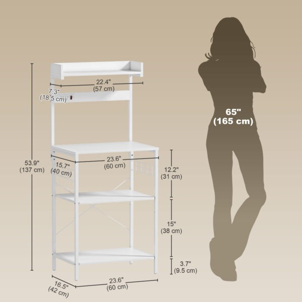 Kitchen Baker's Rack with Power Outlet, Coffee Bar Station with Adjustable Shelves and Hooks, Distressed White