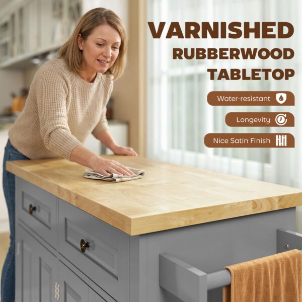Kitchen Island with Storage, Rolling Trolley Cart with Rubber Wood Top, Spice Rack, Towel Rack, Grey