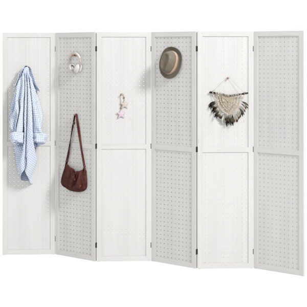5.6 Ft. Tall 6-Panel Room Divider, Pegboard Panel Folding Privacy Screen, Partition Wall Divider for Bedroom, White