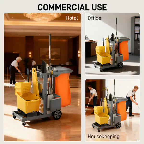 TPS4a219b9e3d8e86.jpg Commercial Janitorial Cart with 3 Tier Shelves, Cleaning Cart with Rubbish Bag and Mop Mount for Hotel Restaurant, Grey