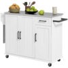 Kitchen Island with Storage, Rolling Kitchen Cart on Wheels, Kitchen Island with Storage, Drawer, 3 Cabinets, Stainless Steel Countertop, Spice Rack and Towel Rack, White