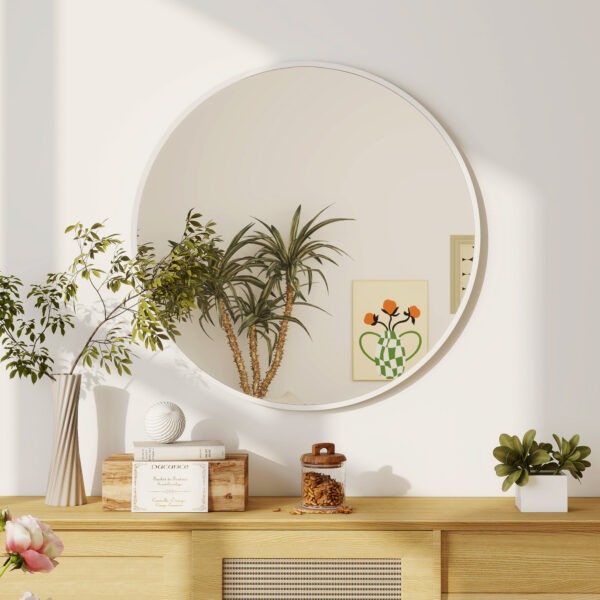 36" Round Mirror, Bathroom Wall Mirror with Metal Frame, Decorative Vanity Mirror for Living Room, Bedroom, White