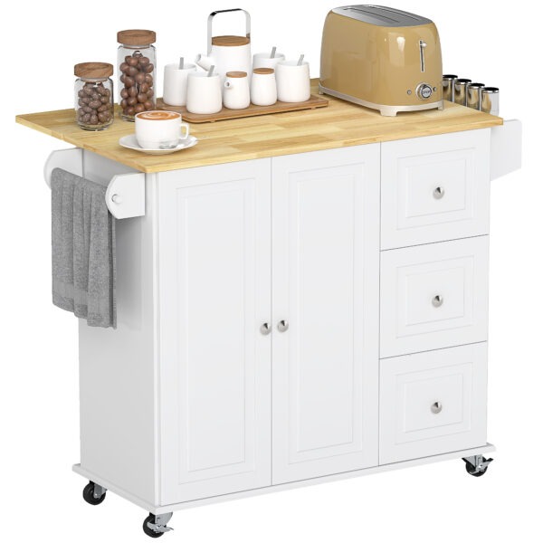 Kitchen Island on Wheels, Kitchen Cart with Drop Leaf, Drawers, White
