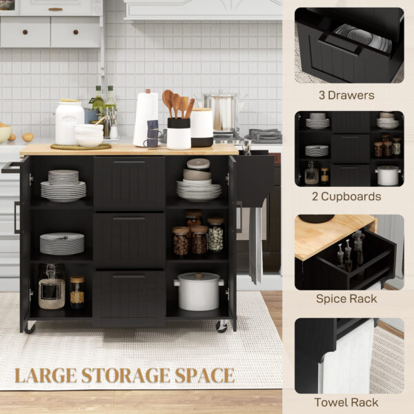 Rolling Kitchen Cart on Wheels with Drop Leaf, Kitchen Island with 3 Drawers, Solid Wood Top and Towel Rack, Black