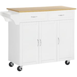 Kitchen Cart with Storage, Rolling Kitchen Island on Wheels with Bamboo Countertop, Drawers, Cabinets, 3 Doors, White