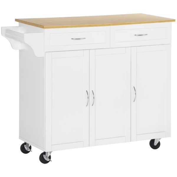 UI224c1984333e11e.jpg Kitchen Cart with Storage, Rolling Kitchen Island on Wheels with Bamboo Countertop, Drawers, Cabinets, 3 Doors, White