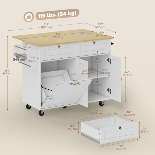 Kitchen Island Cart with Charging Station and Drop Leaf, Kitchen Island Table on Wheels with Trash Can Cabinet, White
