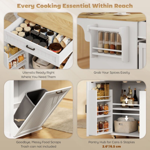 Kitchen Island Cart, Portable Kitchen Island Table with Charging Station, Rubber Wood Drop Leaf, Trash Storage, White