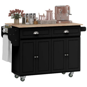 Ukw164199f1d50268.jpg Kitchen Island with Storage, Rolling Kitchen Island with Drop Leaf, Rubber Wood Top and Adjustable Shelves, Black