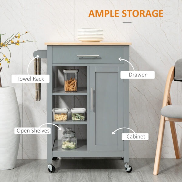 Kitchen Island, Compact Kitchen Cart on Wheels with Open Shelf & Storage Drawer for Dining Room, Kitchen, Grey