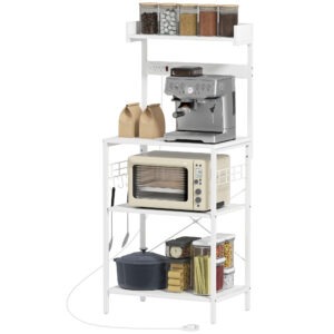 Kitchen Baker's Rack with Power Outlet, Coffee Bar Station with Adjustable Shelves and Hooks, Distressed White