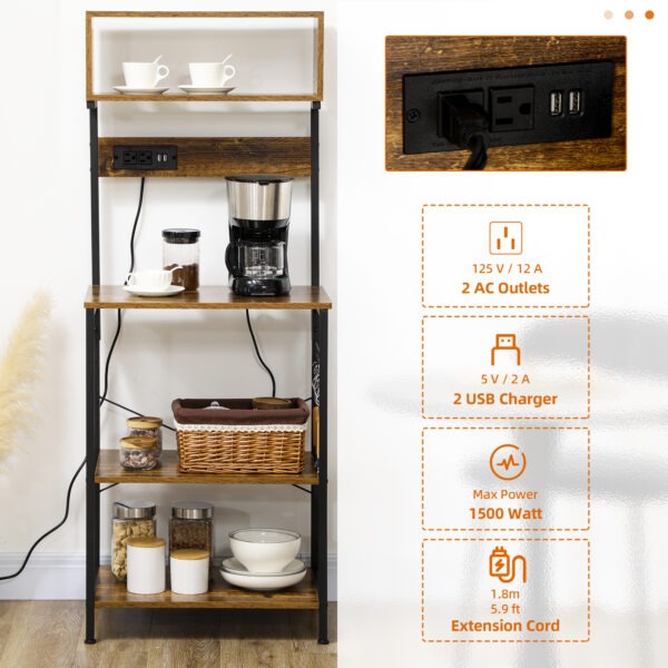 Baker's Rack with Charing Station, Microwave Shelf with Power Outlet, USB Charger and 5 Hooks, Rustic Brown