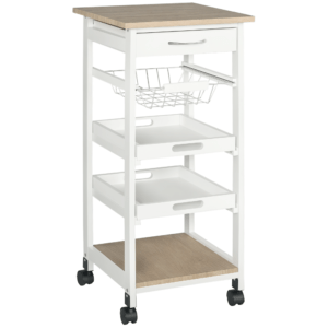 Rolling Kitchen Island Cart, Mobile Utility Storage Cart with Drawer, Wire Storage Basket, Removable Tray, White