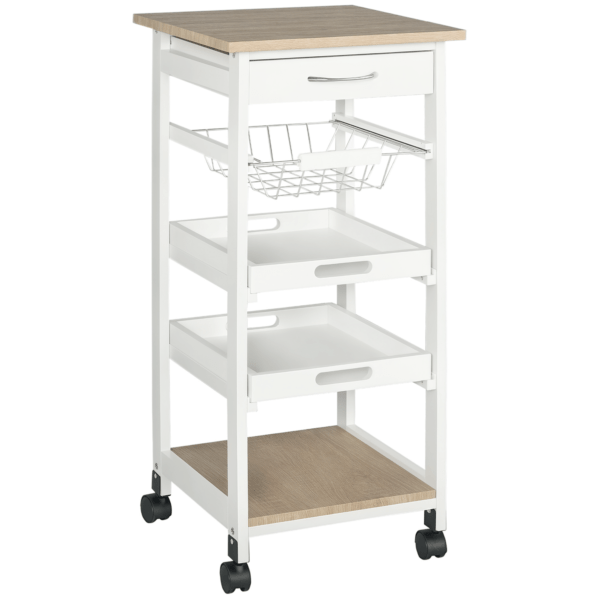 Rolling Kitchen Island Cart, Mobile Utility Storage Cart with Drawer, Wire Storage Basket, Removable Tray, White