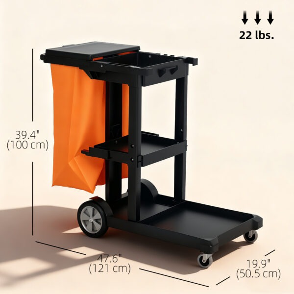 Commercial Janitorial Cart with 3 Tier Shelves, Cleaning Cart with Rubbish Bag and Mop Mount for Hotel Restaurant, Black