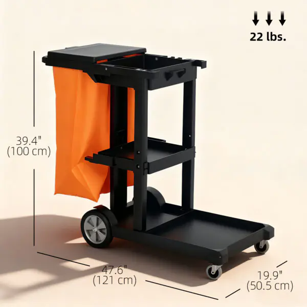 Commercial Janitorial Cart with 3 Tier Shelves, Cleaning Cart with Rubbish Bag and Mop Mount for Hotel Restaurant, Black