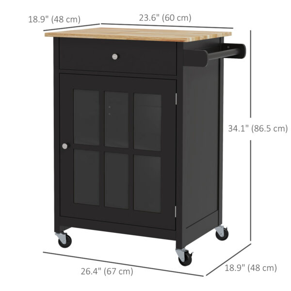 VaG70c19494d459bb.jpg Rolling Kitchen Cart with Drawer and Glass Door Cabinet, Kitchen Island on Wheels with Towel Rack, Black