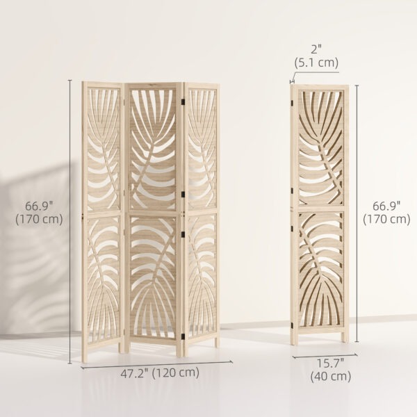 Vhq7eb19491e47ad9.jpg 3 Panel Room Divider, Detachable Folding Privacy Screens with Palm Leaf Design for Home Office, Natural Wood Finish