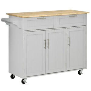 Rolling Kitchen Island, Kitchen Cart on Wheels with 2 Storage Drawers, 3 Door Cabinets and Towel Rack for Dining Room (Grey, 3-Doors)