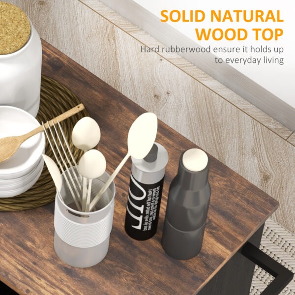 Modern Rolling Kitchen Island Cart with Drawer, Natural Wood Top, Towel Rack, Door Storage Cabinet, Distressed Black