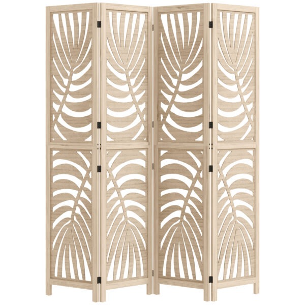 WI32be19491e47a89.jpg 4 Panel Room Divider, Detachable Folding Privacy Screens with Palm Leaf Design for Home Office, Natural Wood Finish