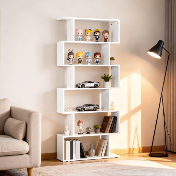 76" 6-Tier Geometric Wooden Bookcase S Shaped Storage Display Bookshelf Modern shelf Open Concept Living Room Home Office Furniture, White