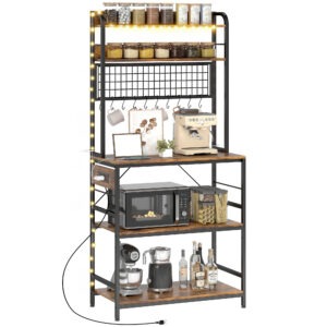 Kitchen Baker's Rack with Power Outlet and LED Light, 5-Tier Coffee Bar Station with 10 Hooks, Rustic Brown