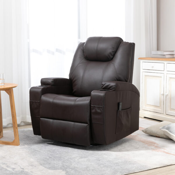 Massage Recliner Chair, Swivel Nursery Rocker Chair, Manual Reclining Sofa with 8 Vibration Points, PU Leather, Cup Holders, Side Pockets, for Living Room, Brown
