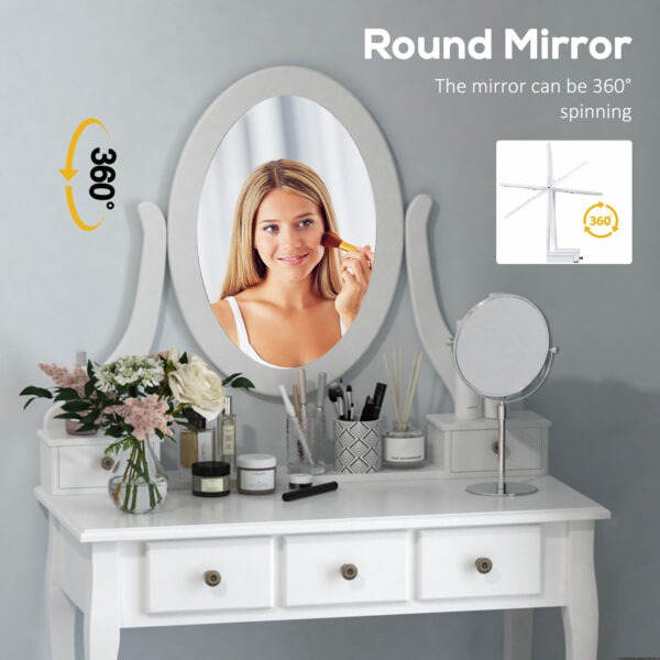 Wooden Vanity Table Set, Makeup Dressing Table with 360° Rotating, 5 Drawers and Padded Stool, White