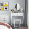 Wooden Vanity Table Set, Makeup Dressing Table with 360° Rotating, 5 Drawers and Padded Stool, White