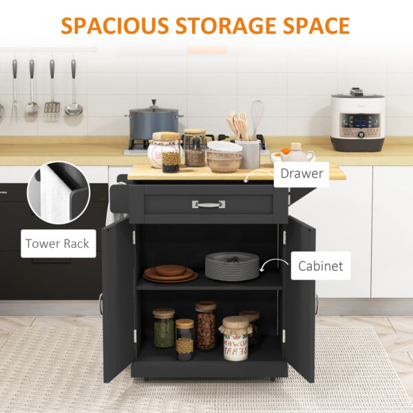 Foldable Kitchen Island with Storage Drawer, Farmhouse Rolling Utility Cart on Wheels with Drop-Leaf Wood Top, Black