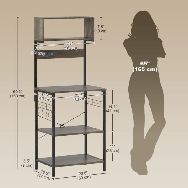 Baker's Rack with Charing Station, Microwave Shelf with Power Outlet, USB Charger and 5 Hooks, Distressed Grey