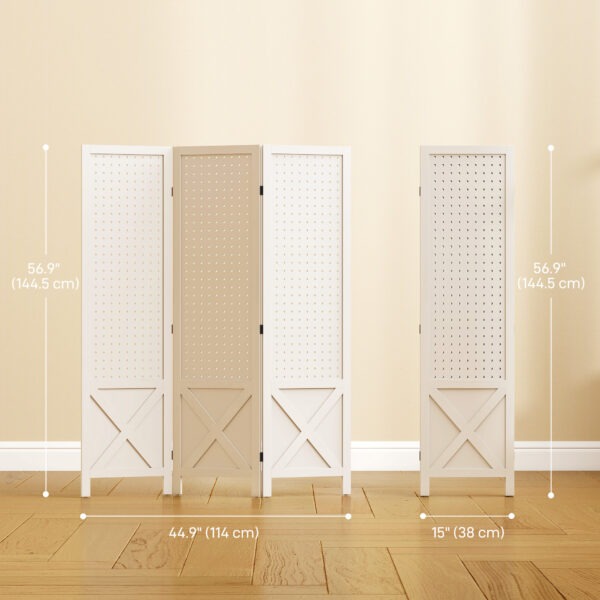 56.9" 3 Panel Wooden Room Divider with Pegboard Display, Folding Privacy Screen for Home Office, White