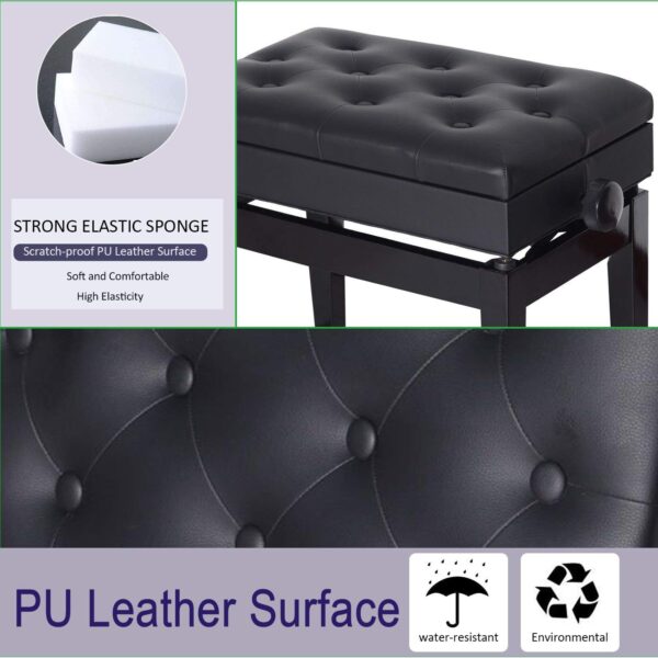 Adjustable Piano Bench with Storage and Soft PU Leather Padded, with Enough Music Storage Design, Black