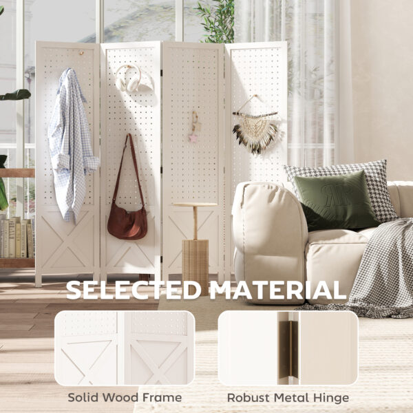 XSV94219c52979301.jpg 56.9" 4 Panel Wooden Room Divider with Pegboard Display, Folding Privacy Screen for Home Office, White