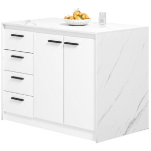 Kitchen Island with Storage Cabinet, 4 Drawers and Adjustable Shelf for Dining Room, Faux Marble Effect and White