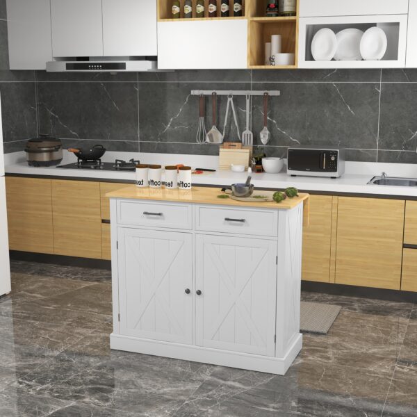 Rolling Kitchen Island with Drop Leaf Wood Breakfast Bar, Farmhouse Kitchen Cart with 2 Drawers, Adjustable Shelves for Dining Room (White)