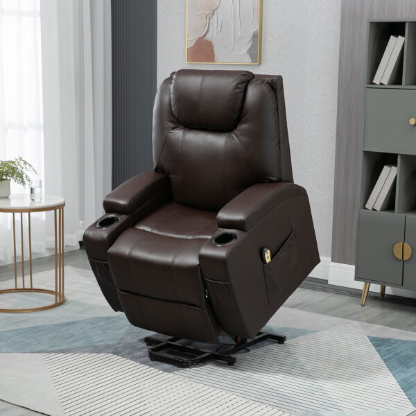 Power Lift Recliner Chair for Elderly, PU Leather Lift Chair with Footrest, Remote Control, Side Pockets and Cup Holders, Reclining Sofa for Living Room, Brown