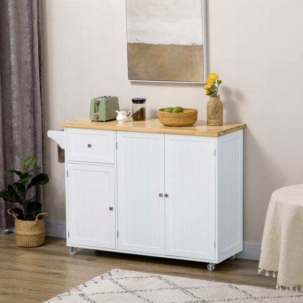 Rolling Kitchen Island with Storage, Utility Kitchen Island Cart with Drawer, Cabinets, Towel Rack and Rubber Wood Top