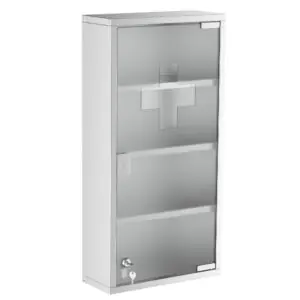 Wall Mount Medicine Cabinet, Bathroom Cabinet with 4 Tier Shelves, Stainless Steel Frame and Glass Door, Lockable with 2 Keys, Silver, 12" x 23.5"