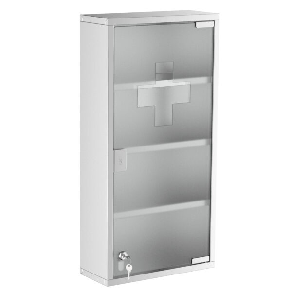 Wall Mount Medicine Cabinet, Bathroom Cabinet with 4 Tier Shelves, Stainless Steel Frame and Glass Door, Lockable with 2 Keys, Silver, 12" x 23.5"