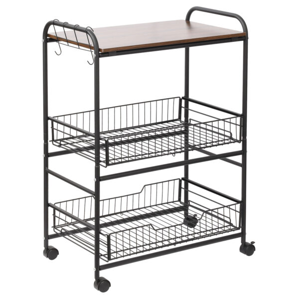 Z5Y2d2194959e56c6.jpg Rolling Kitchen Cart, 3-Tier Utility Storage Cart with 2 Basket Drawers & Side Hooks, Lockable Casters for Dining Room