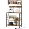 Baker's Rack with Charing Station, Microwave Shelf with Power Outlet, USB Charger and 5 Hooks, Rustic Brown