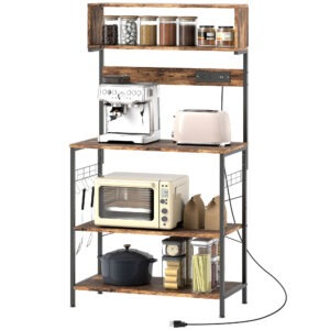 ZFe42b19b9eac7db9.jpg Baker's Rack with Charing Station, Microwave Shelf with Power Outlet, USB Charger and 5 Hooks, Rustic Brown