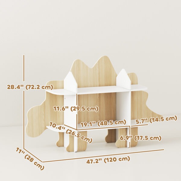 Qaba Dinosaur Themed Kids Bookshelf, 2 Tier Kids Bookcase, for Playroom, Bedroom, Living Room, Kids Room, Natural