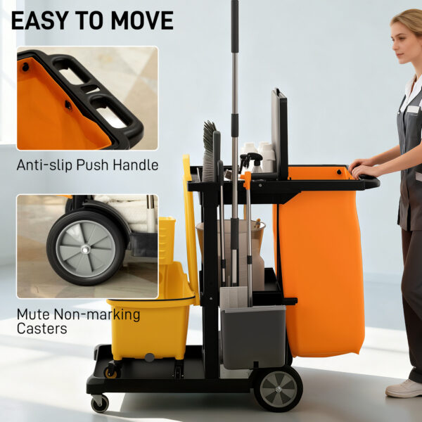 Commercial Janitorial Cart with 3 Tier Shelves, Cleaning Cart with Rubbish Bag and Mop Mount for Hotel Restaurant, Black