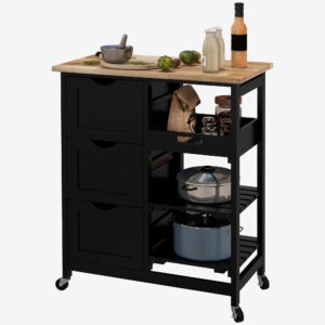 Kitchen Cart on Wheels, Rolling Kitchen Island Cart with Wood Top, 3 Drawers and Shelves for Home Dining Area, Black
