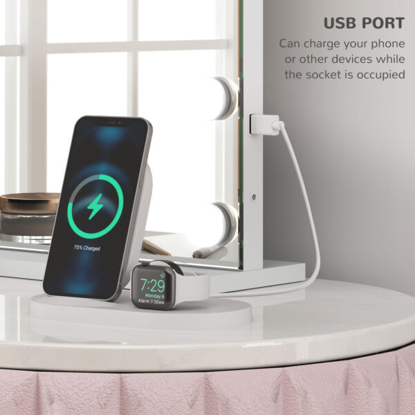 Hollywood Vanity Mirror with Lights, 31.5" x 24.4" Lighted Makeup Mirror with 3 Colour, 10X Magnifying, USB Port, White